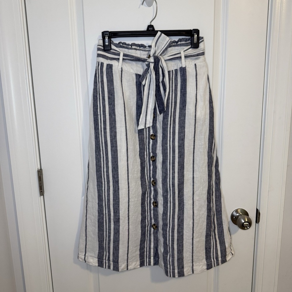 C&C California Linen Skirt Size Small Blue Striped Midi Coastal Chic Pocket
